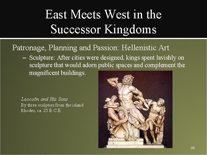 East Meets West in the Successor Kingdoms Patronage, Planning and Passion: Hellenistic Art –