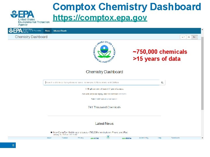 Comptox Chemistry Dashboard https: //comptox. epa. gov ~750, 000 chemicals >15 years of data