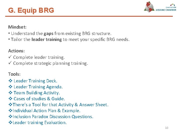 G. Equip BRG Mindset: • Understand the gaps from existing BRG structure. • Tailor