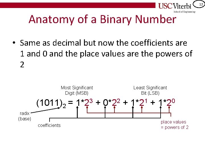 12 Anatomy of a Binary Number • Same as decimal but now the coefficients