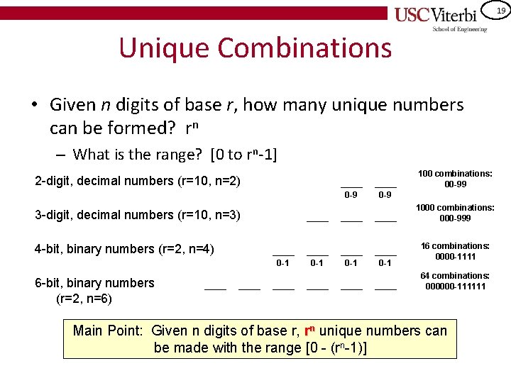 19 Unique Combinations • Given n digits of base r, how many unique numbers