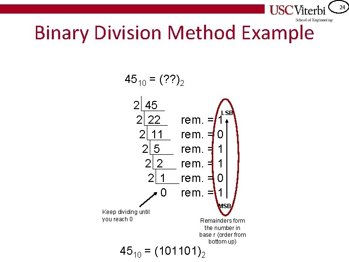 24 Binary Division Method Example 4510 = (? ? )2 2 45 2 22