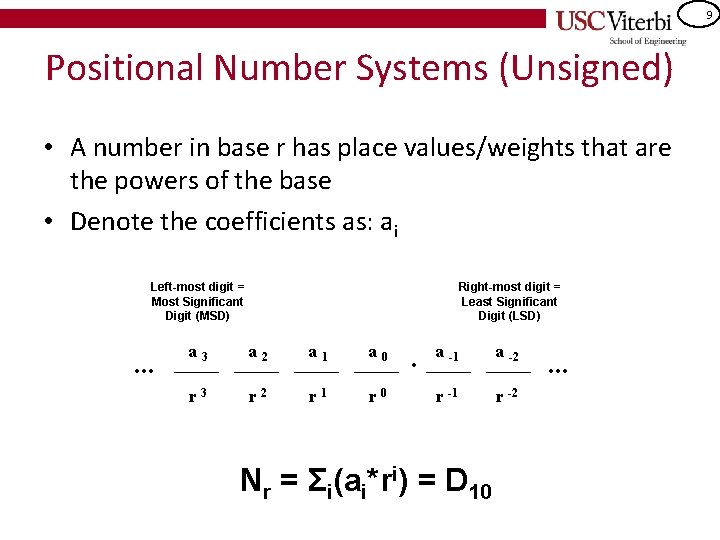 9 Positional Number Systems (Unsigned) • A number in base r has place values/weights