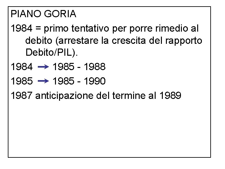 PIANO GORIA 1984 = primo tentativo per porre rimedio al debito (arrestare la crescita
