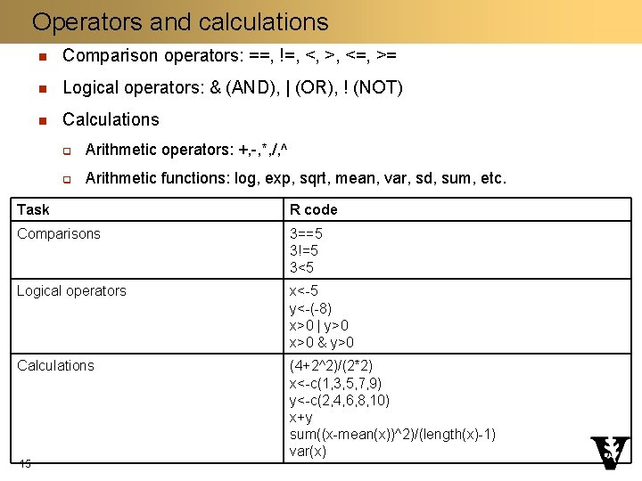 Operators and calculations n Comparison operators: ==, !=, <, >, <=, >= n Logical