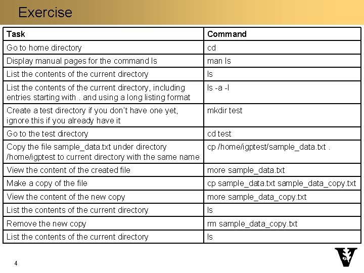 Exercise Task Command Go to home directory cd Display manual pages for the command
