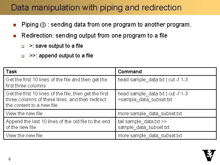 Data manipulation with piping and redirection n Piping (|) : sending data from one