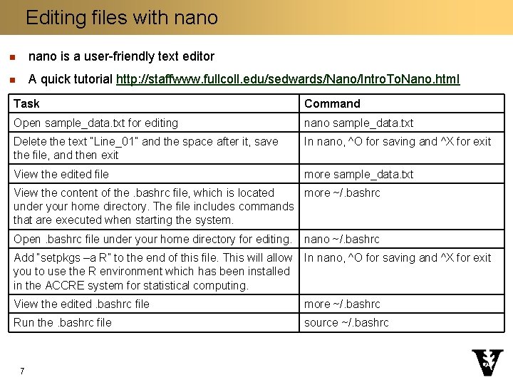 Editing files with nano n nano is a user-friendly text editor n A quick