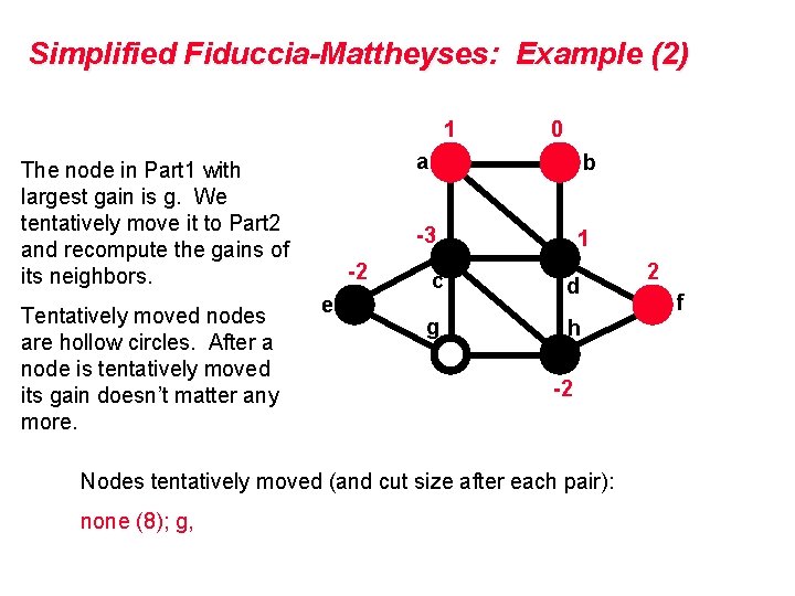 Simplified Fiduccia-Mattheyses: Example (2) 1 The node in Part 1 with largest gain is