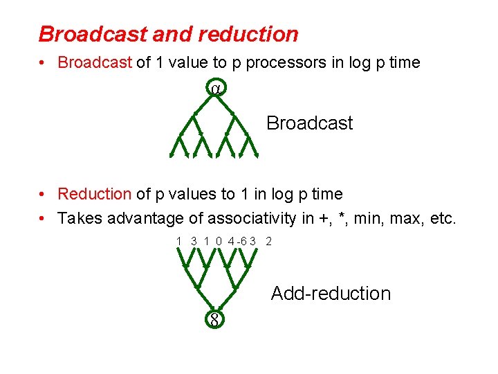Broadcast and reduction • Broadcast of 1 value to p processors in log p
