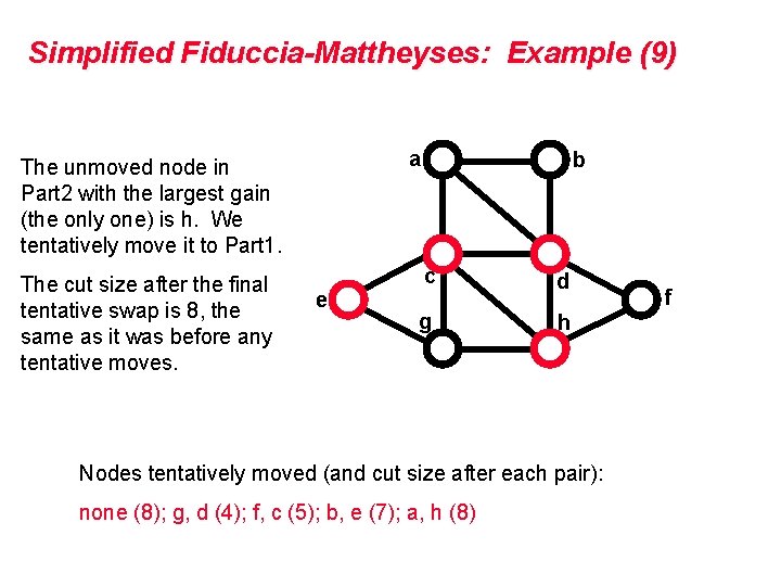 Simplified Fiduccia-Mattheyses: Example (9) a The unmoved node in Part 2 with the largest