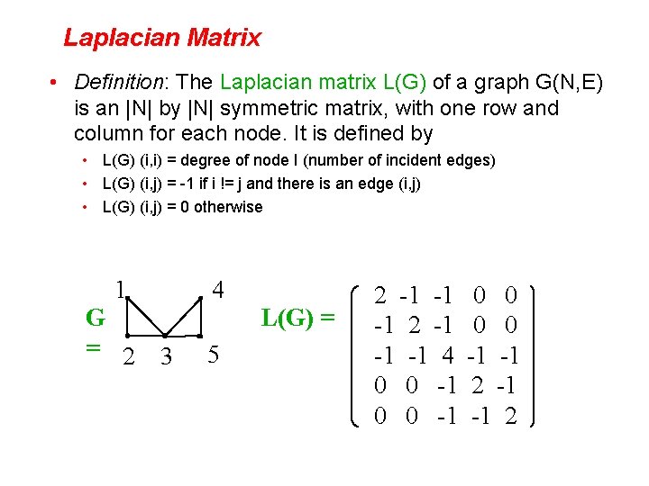 Laplacian Matrix • Definition: The Laplacian matrix L(G) of a graph G(N, E) is