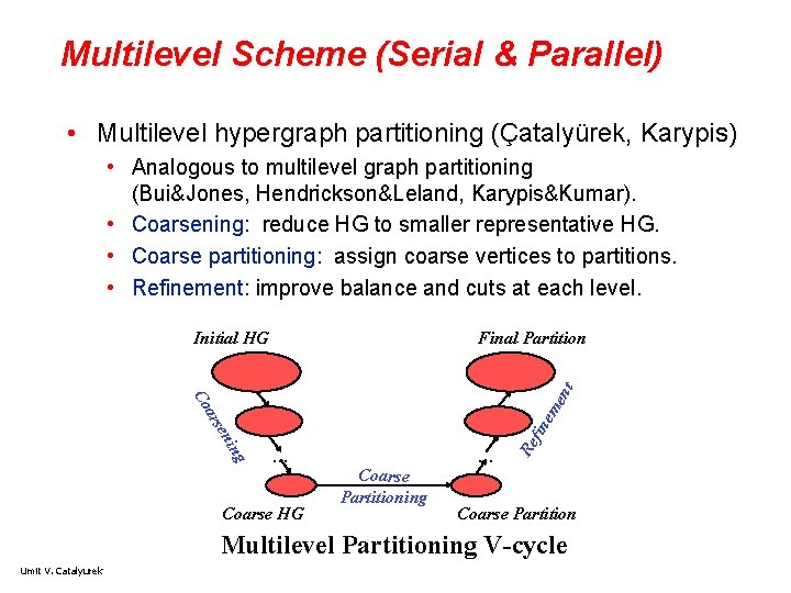 Multilevel Scheme (Serial & Parallel) • Multilevel hypergraph partitioning (Çatalyürek, Karypis) • Analogous to