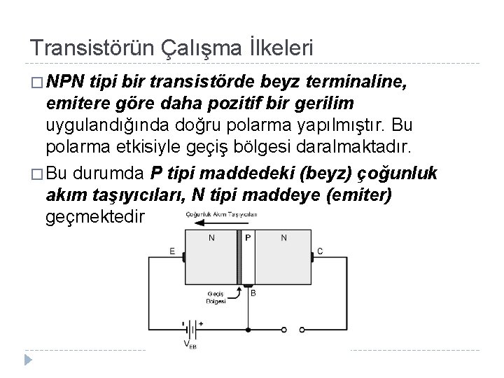 Transistörün Çalışma İlkeleri � NPN tipi bir transistörde beyz terminaline, emitere göre daha pozitif