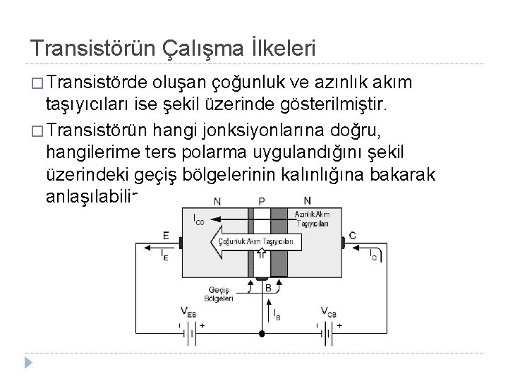 Transistörün Çalışma İlkeleri � Transistörde oluşan çoğunluk ve azınlık akım taşıyıcıları ise şekil üzerinde