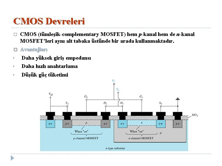 CMOS Devreleri � CMOS (tümleşik-complementary MOSFET) hem p-kanal hem de n-kanal MOSFET’leri aynı alt