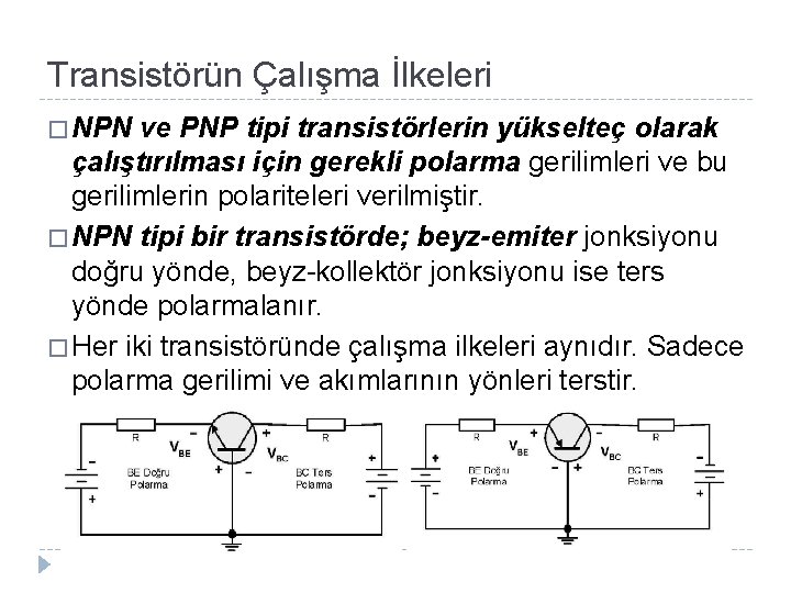 Transistörün Çalışma İlkeleri � NPN ve PNP tipi transistörlerin yükselteç olarak çalıştırılması için gerekli
