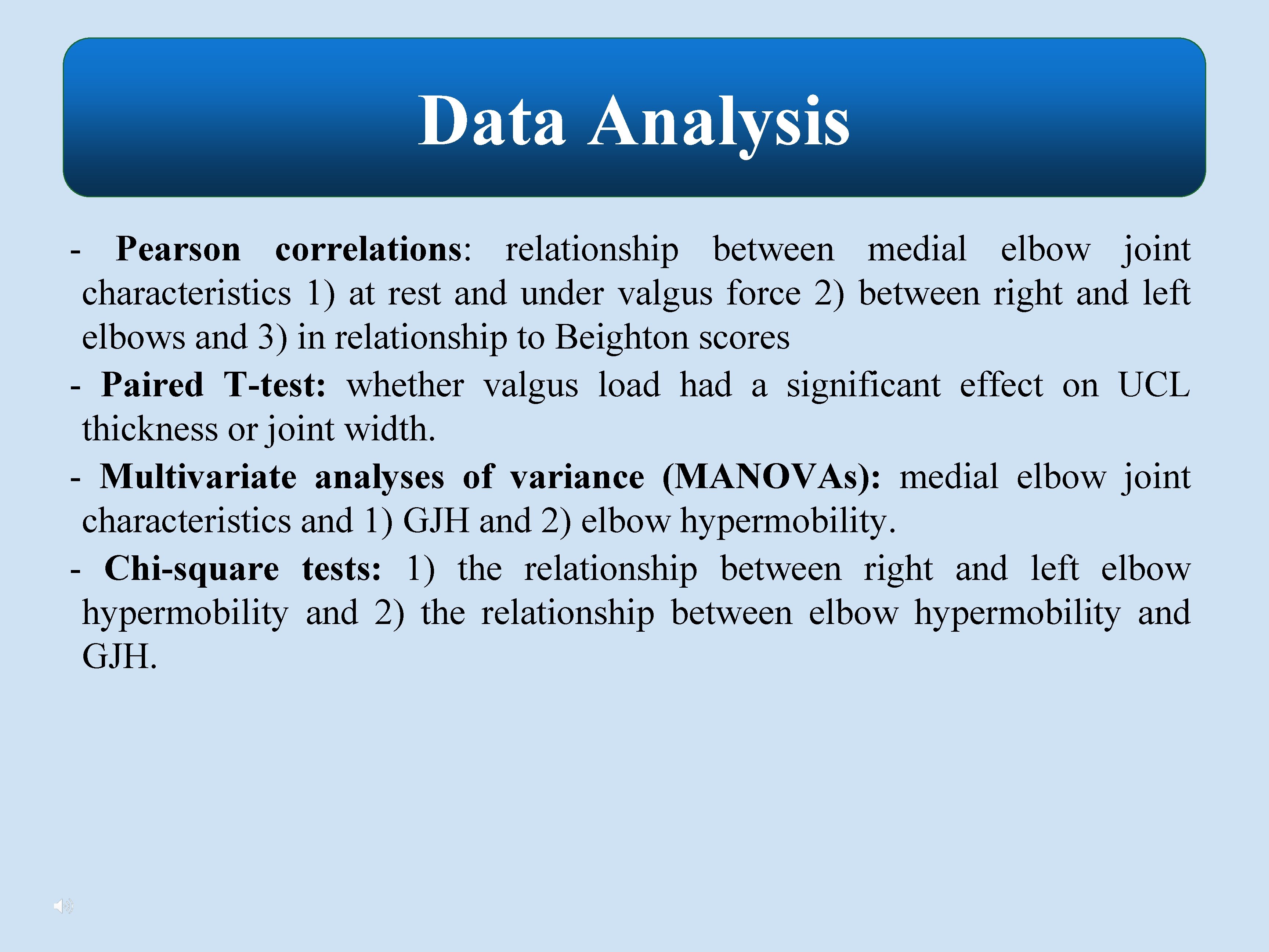 Data Analysis - Pearson correlations: relationship between medial elbow joint characteristics 1) at rest