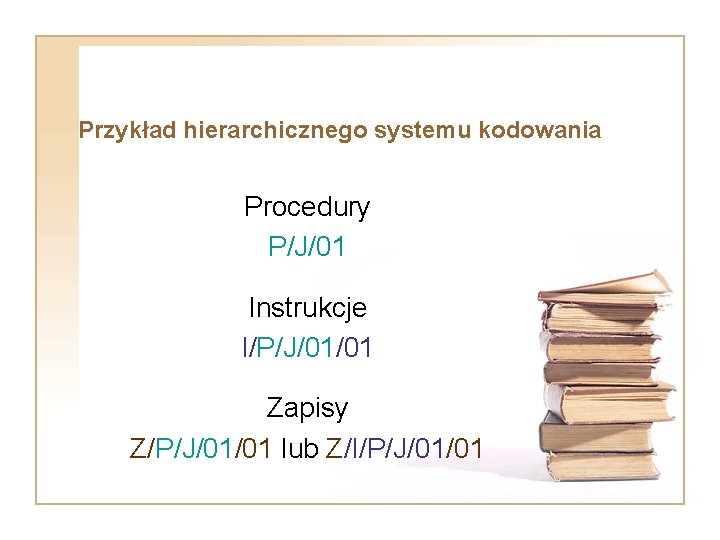 Przykład hierarchicznego systemu kodowania Procedury P/J/01 Instrukcje I/P/J/01/01 Zapisy Z/P/J/01/01 lub Z/I/P/J/01/01 