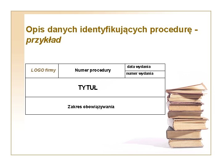 Opis danych identyfikujących procedurę przykład LOGO firmy Numer procedury TYTUŁ Zakres obowiązywania data wydania