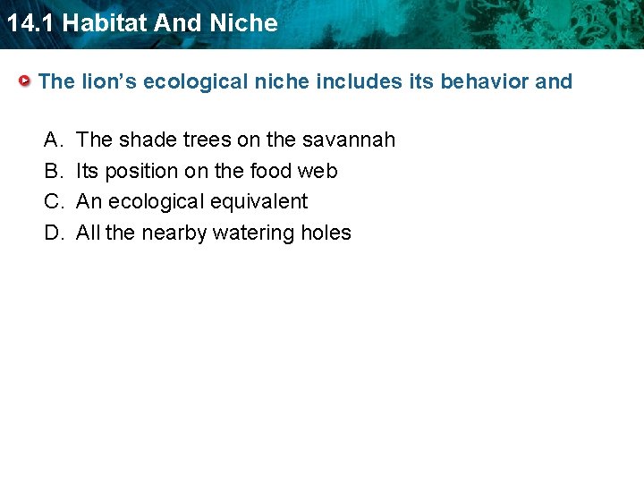 14. 1 Habitat And Niche The lion’s ecological niche includes its behavior and A.