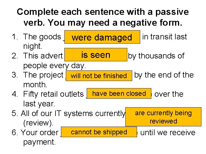 Complete each sentence with a passive verb. You may need a negative form. 1.