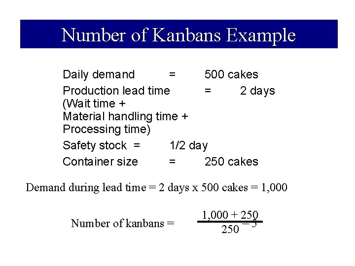 Number of Kanbans Example Daily demand = 500 cakes Production lead time = 2