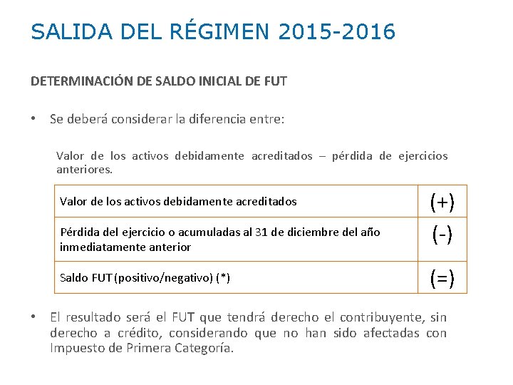 SALIDA DEL RÉGIMEN 2015 -2016 DETERMINACIÓN DE SALDO INICIAL DE FUT • Se deberá