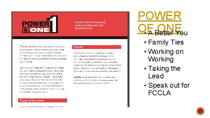 POWER OF ONE § A Better You § Family Ties § Working on Working