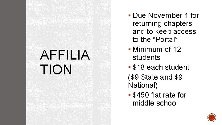 § Due November 1 for AFFILIA TION returning chapters and to keep access to
