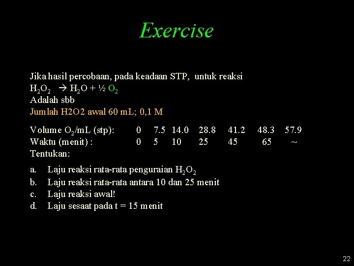 Exercise Jika hasil percobaan, pada keadaan STP, untuk reaksi H 2 O 2 H