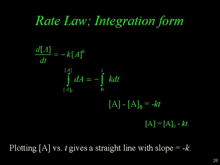 Rate Law; Integration form [A] - [A]0 = -kt [A] = [A]0 - kt.