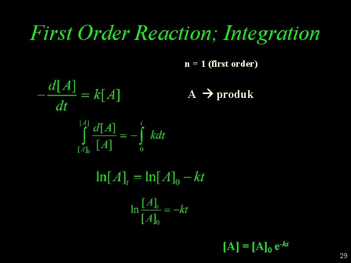 First Order Reaction; Integration n = 1 (first order) A produk [A] = [A]0