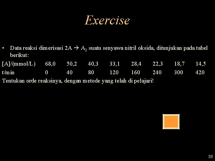 Exercise • Data reaksi dimerisasi 2 A A 2 suatu senyawa nitril oksida, ditunjukan