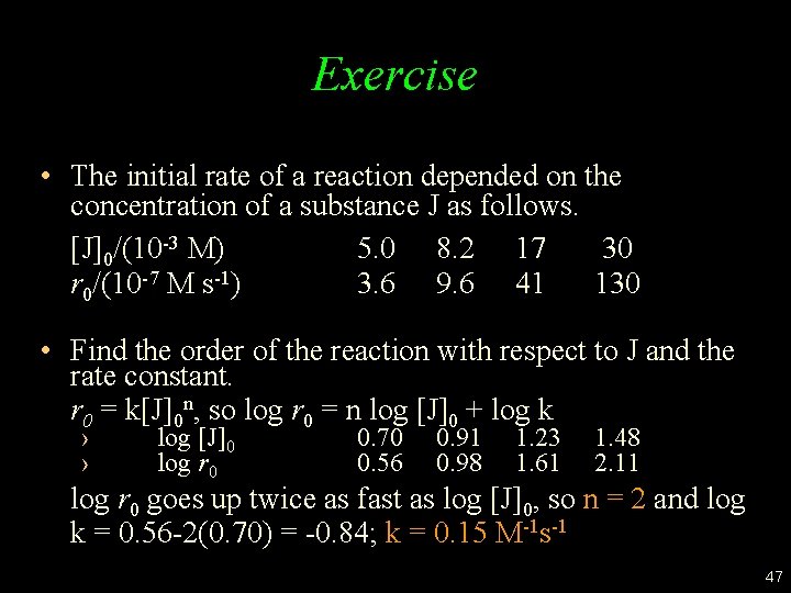 Exercise • The initial rate of a reaction depended on the concentration of a