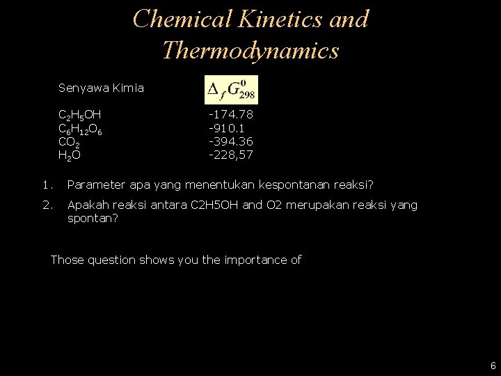 Chemical Kinetics and Thermodynamics Senyawa Kimia C 2 H 5 OH C 6 H