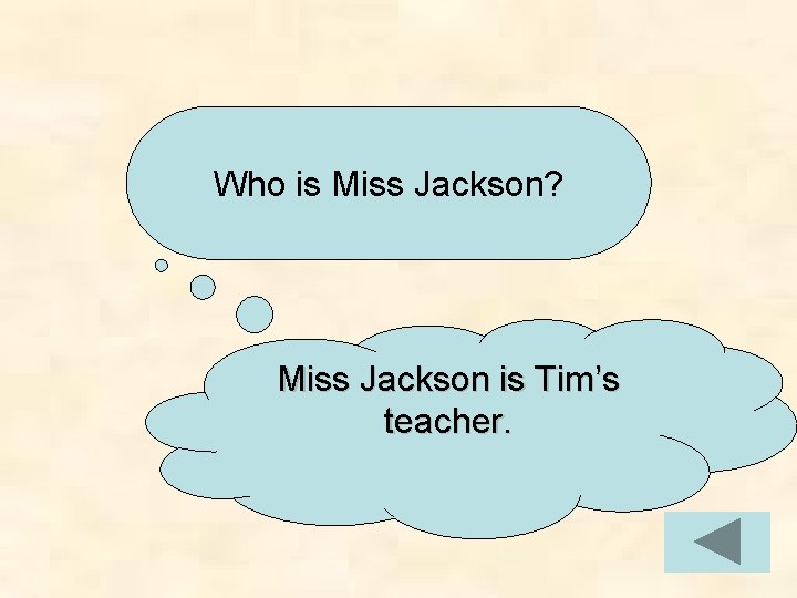 Who is Miss Jackson? Miss Jackson is Tim’s teacher. 