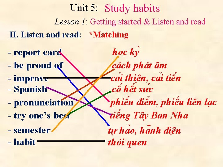 Unit 5: Study habits Lesson 1: Getting started & Listen and read II. Listen