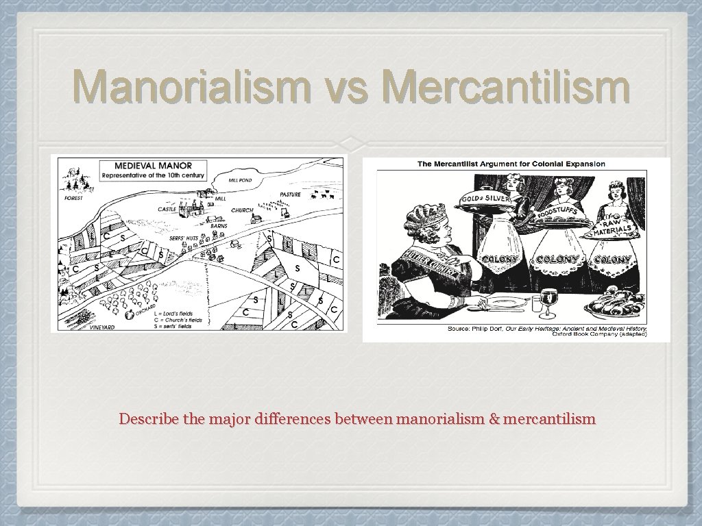 Manorialism vs Mercantilism Describe the major differences between manorialism & mercantilism 