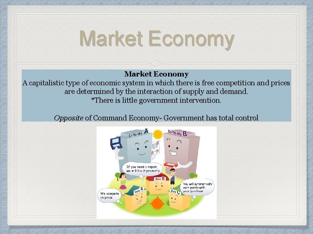 Market Economy A capitalistic type of economic system in which there is free competition