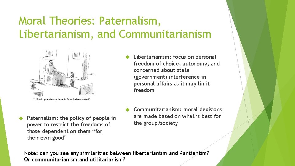 Moral Theories: Paternalism, Libertarianism, and Communitarianism Paternalism: the policy of people in power to