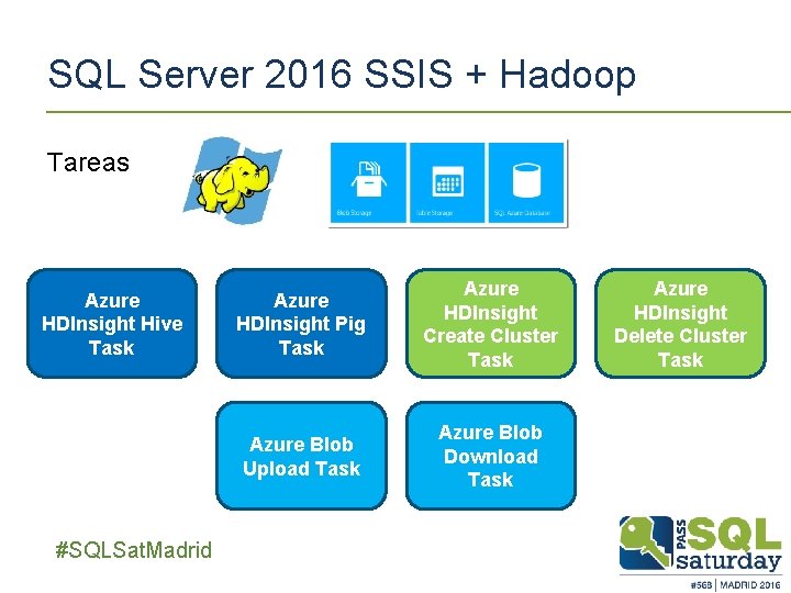 SQL Server 2016 SSIS + Hadoop Tareas Azure HDInsight Hive Task ##SQLSat. Madrid Azure SQL Server 2016 SSIS + Hadoop Tareas Azure HDInsight Hive Task ##SQLSat. Madrid Azure