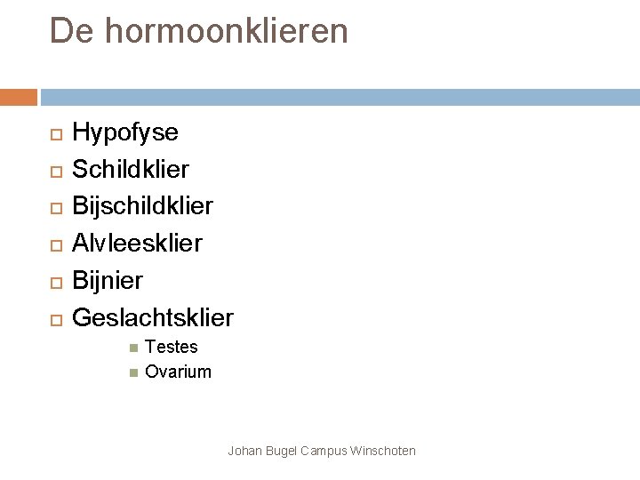 De hormoonklieren Hypofyse Schildklier Bijschildklier Alvleesklier Bijnier Geslachtsklier Testes Ovarium Johan Bugel Campus Winschoten