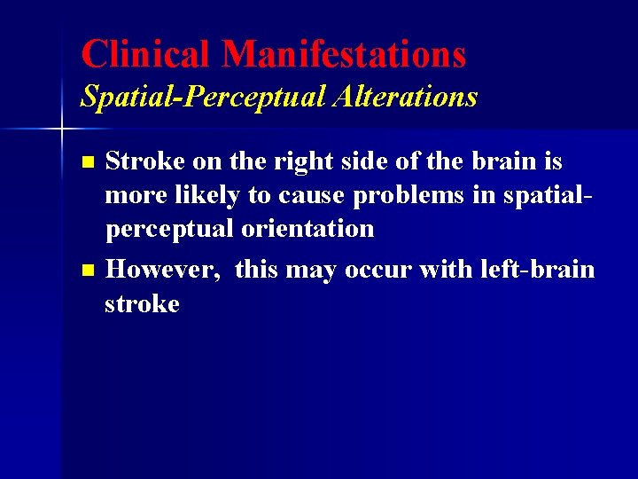 Clinical Manifestations Spatial-Perceptual Alterations Stroke on the right side of the brain is more