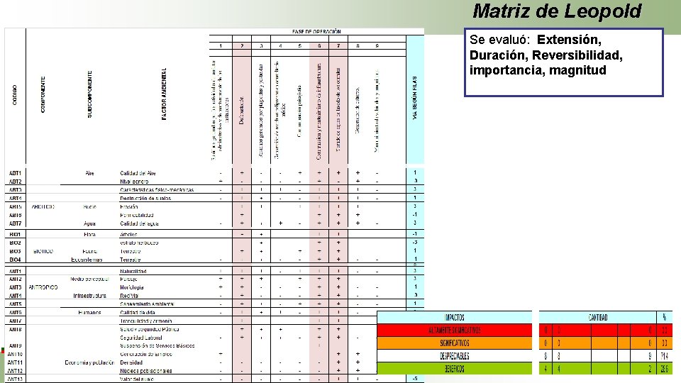 Matriz de Leopold Se evaluó: Extensión, Duración, Reversibilidad, importancia, magnitud 