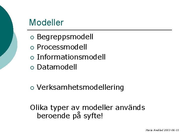 Modeller ¡ Begreppsmodell Processmodell Informationsmodell Datamodell ¡ Verksamhetsmodellering ¡ ¡ ¡ Olika typer av