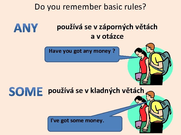 Do you remember basic rules? používá se v záporných větách a v otázce Have