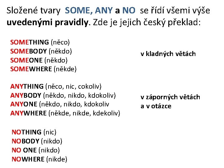 Složené tvary SOME, ANY a NO se řídí všemi výše uvedenými pravidly. Zde je