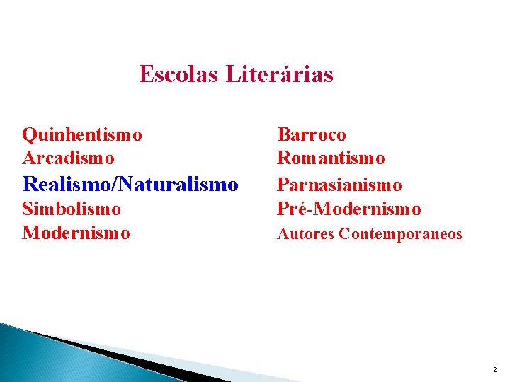 Escolas Literárias Quinhentismo Arcadismo Realismo/Naturalismo Simbolismo Modernismo Barroco Romantismo Parnasianismo Pré-Modernismo Autores Contemporaneos 2