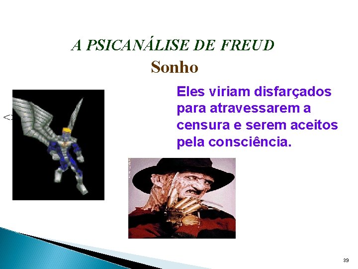 A PSICANÁLISE DE FREUD Sonho <> Eles viriam disfarçados para atravessarem a censura e